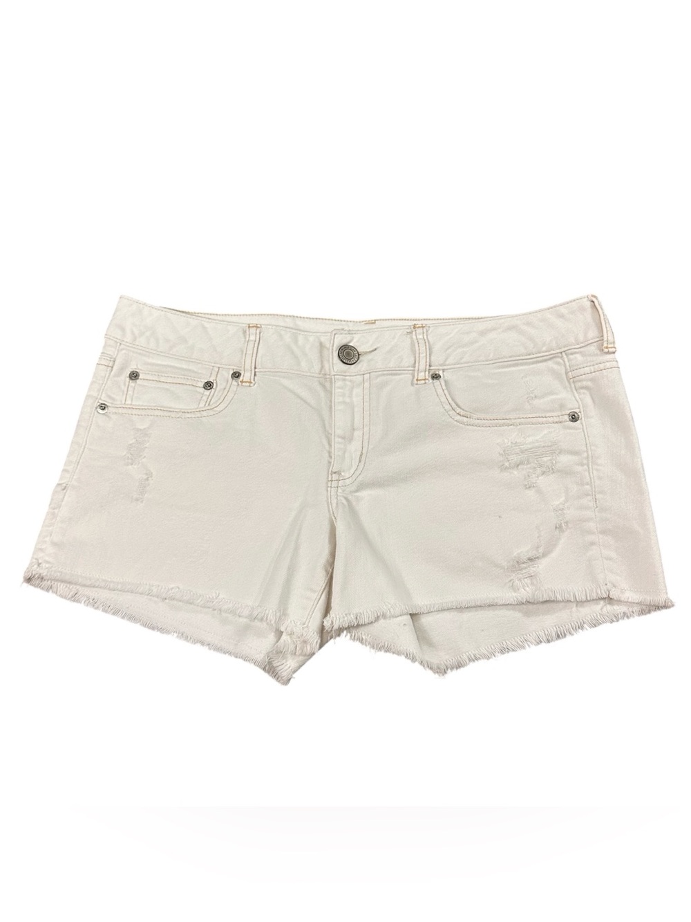 American Eagle Womens 12 White Distressed Denim Cutoff Shorts Stretch Raw Hem